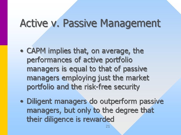 Active v. Passive Management • CAPM implies that, on average, the performances of active