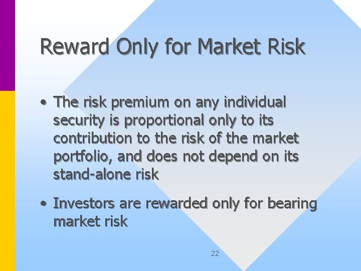 Reward Only for Market Risk • The risk premium on any individual security is
