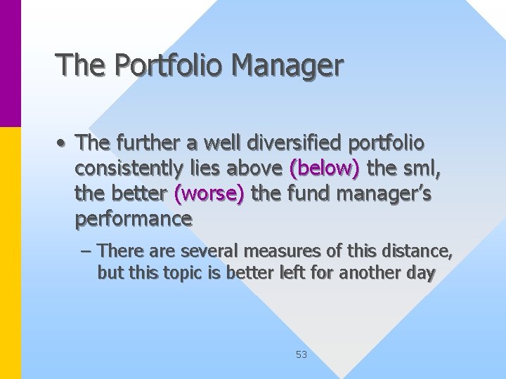 The Portfolio Manager • The further a well diversified portfolio consistently lies above (below)