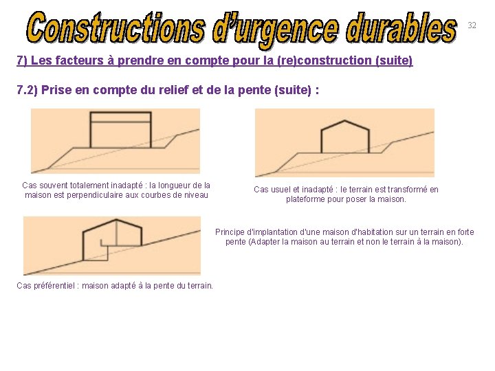 32 7) Les facteurs à prendre en compte pour la (re)construction (suite) 7. 2)