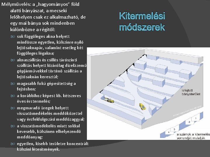 Mélyművelés: a „hagyományos” föld alatti bányászat, a mecseki lelőhelyen csak ez alkalmazható, de egy