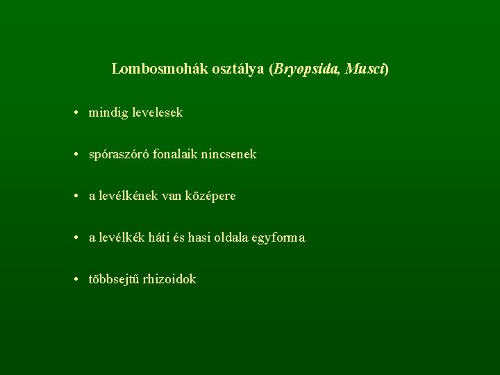 Lombosmohák osztálya (Bryopsida, Musci) • mindig levelesek • spóraszóró fonalaik nincsenek • a levélkének