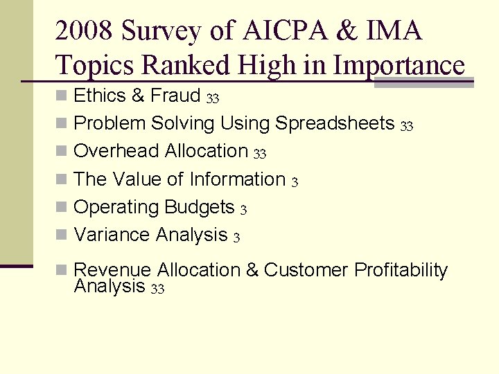 2008 Survey of AICPA & IMA Topics Ranked High in Importance n Ethics &