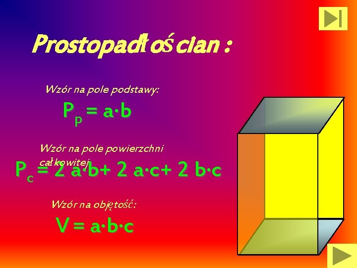 Prostopadłościan : Wzór na pole podstawy: Pp = a ·b Wzór na pole powierzchni