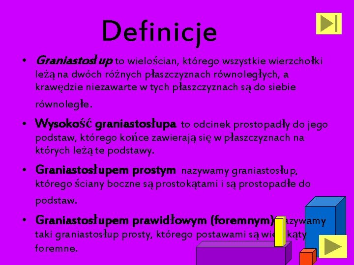 Definicje • Graniastosłup to wielościan, którego wszystkie wierzchołki leżą na dwóch różnych płaszczyznach równoległych,