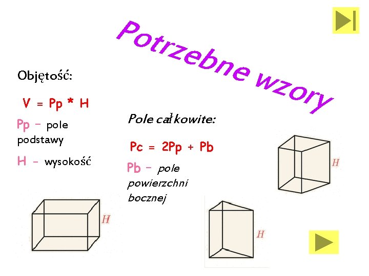 Potr Objętość: V = Pp * H Pp – pole podstawy H - wysokość