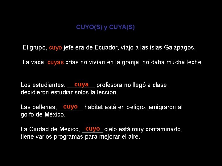 CUYO(S) y CUYA(S) El grupo, cuyo jefe era de Ecuador, viajó a las islas