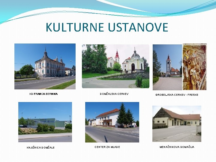 KULTURNE USTANOVE KD FRANCA BERNIKA KNJIŽNICA DOMŽALE DOMŽALSKA CERKEV CENTER ZA MLADE GROBELJSKA CERKEV