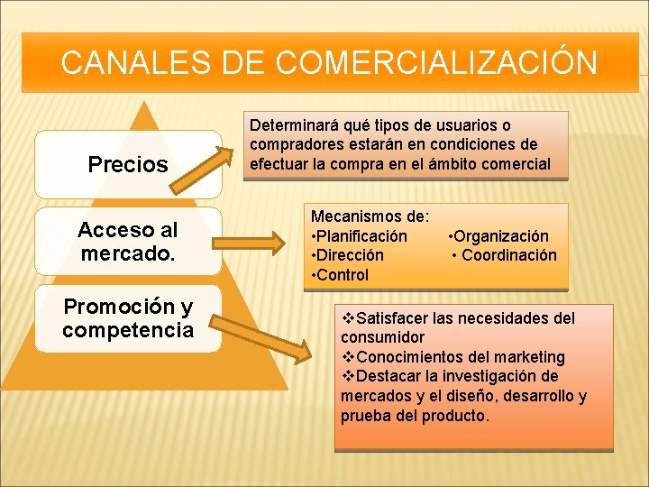 CANALES DE COMERCIALIZACIÓN Precios Acceso al mercado. Promoción y competencia Determinará qué tipos de