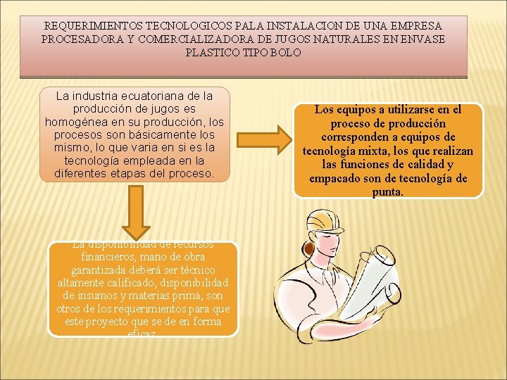 REQUERIMIENTOS TECNOLOGICOS PALA INSTALACION DE UNA EMPRESA PROCESADORA Y COMERCIALIZADORA DE JUGOS NATURALES EN