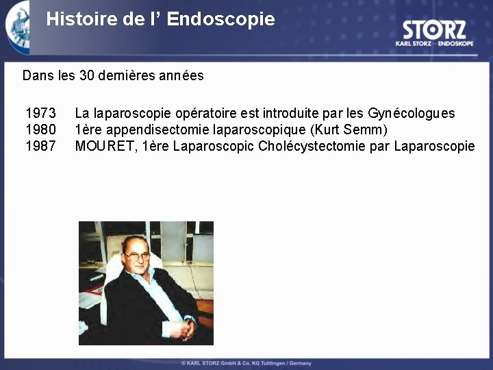 Histoire de l’ Endoscopie Dans les 30 dernières années 1973 1980 1987 La laparoscopie