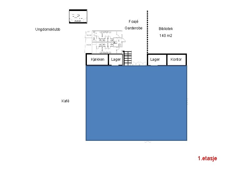 Foajé Garderobe Ungdomsklubb Bibliotek 140 m 2 Kjøkken Lager Kontor Sidescene Kafé Teleskopamfi Scene