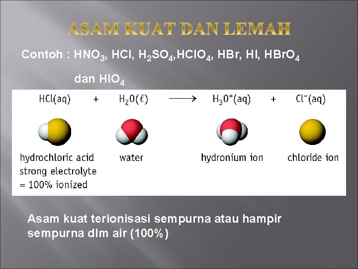 Contoh : HNO 3, HCl, H 2 SO 4, HCl. O 4, HBr, HI,