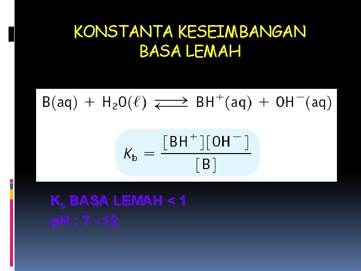 KONSTANTA KESEIMBANGAN BASA LEMAH Kb BASA LEMAH < 1 p. H : 7 -