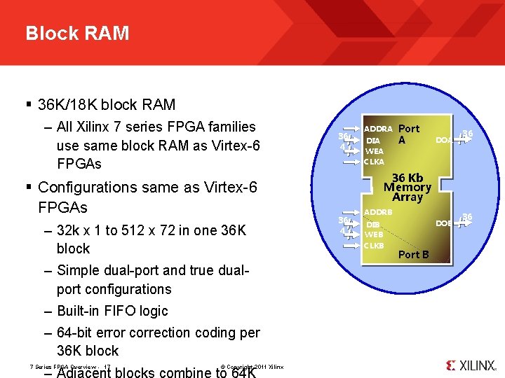 Block RAM § 36 K/18 K block RAM – All Xilinx 7 series FPGA