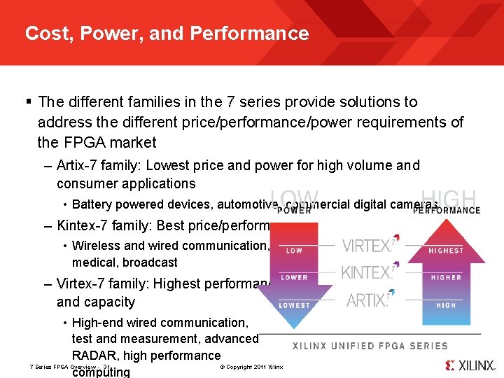 Cost, Power, and Performance § The different families in the 7 series provide solutions