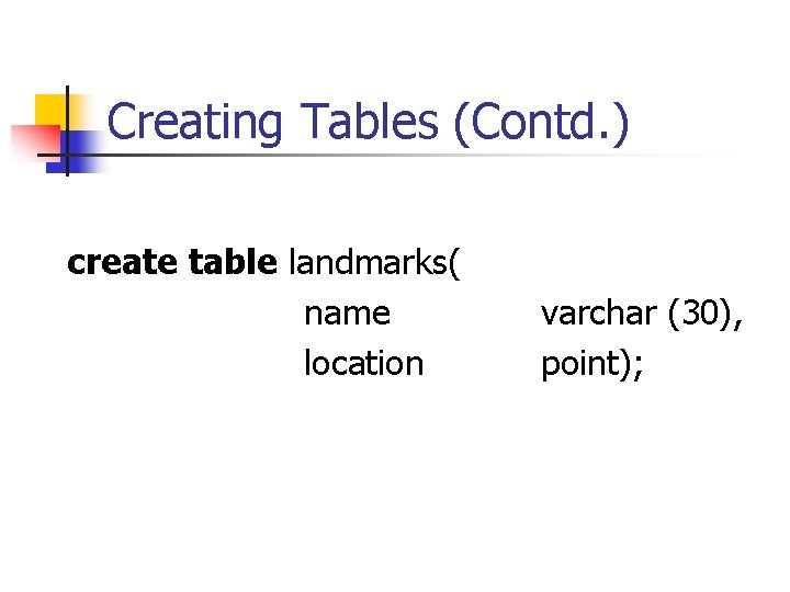 Creating Tables (Contd. ) create table landmarks( name location varchar (30), point); 
