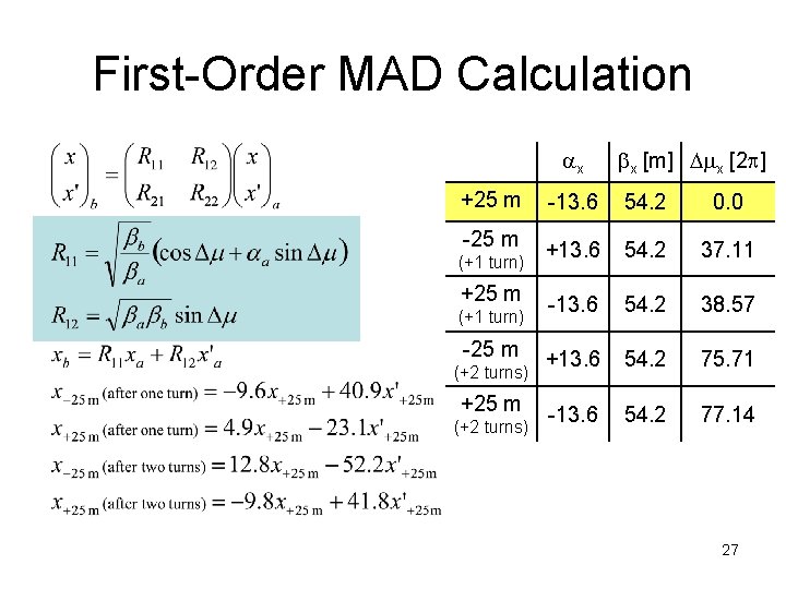 First-Order MAD Calculation x x [m] x [2 ] +25 m -13. 6 54.