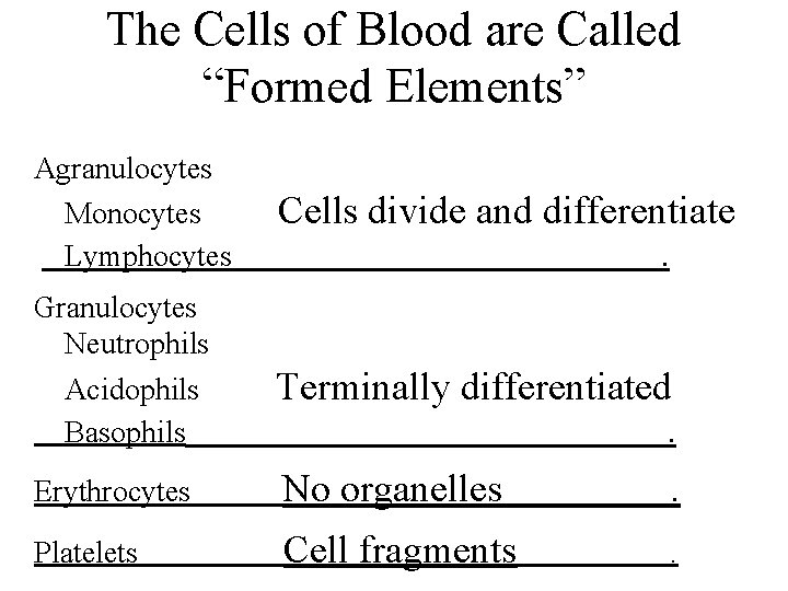 The Cells of Blood are Called “Formed Elements” Agranulocytes Monocytes Lymphocytes Granulocytes Neutrophils Acidophils The Cells of Blood are Called “Formed Elements” Agranulocytes Monocytes Lymphocytes Granulocytes Neutrophils Acidophils