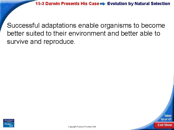 15 -3 Darwin Presents His Case Evolution by Natural Selection Successful adaptations enable organisms
