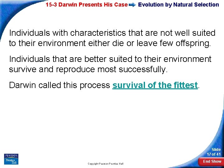 15 -3 Darwin Presents His Case Evolution by Natural Selection Individuals with characteristics that