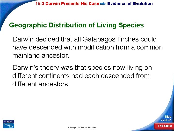 15 -3 Darwin Presents His Case Evidence of Evolution Geographic Distribution of Living Species