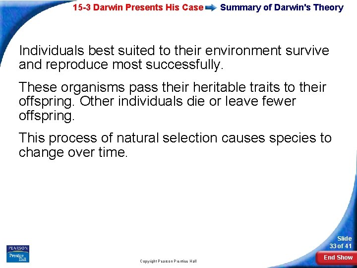 15 -3 Darwin Presents His Case Summary of Darwin's Theory Individuals best suited to