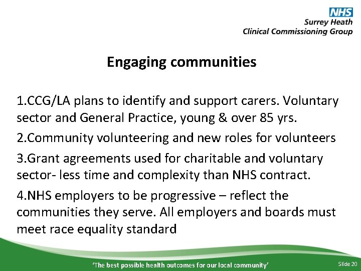 Engaging communities 1. CCG/LA plans to identify and support carers. Voluntary sector and General