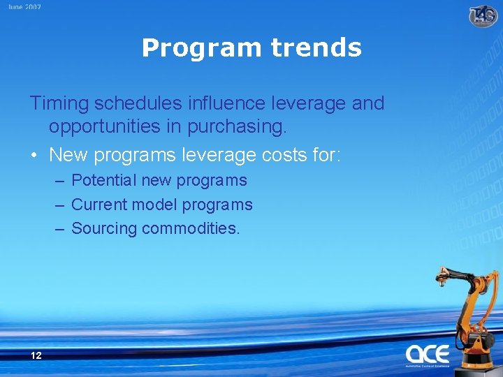 Program trends Timing schedules influence leverage and opportunities in purchasing. • New programs leverage