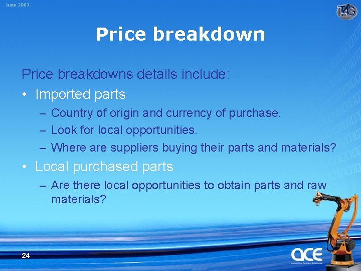Price breakdowns details include: • Imported parts – Country of origin and currency of