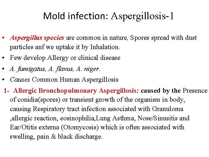 Mold infection: Aspergillosis-1 • Aspergillus species are common in nature, Spores spread with dust Mold infection: Aspergillosis-1 • Aspergillus species are common in nature, Spores spread with dust