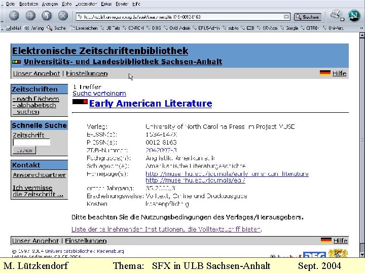 M. Lützkendorf Thema: SFX in ULB Sachsen-Anhalt Sept. 2004 