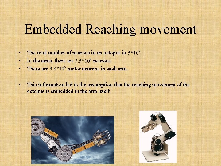 Embedded Reaching movement • • • The total number of neurons in an octopus