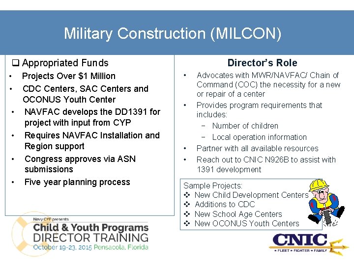 Military Construction (MILCON) q Appropriated Funds • • • Projects Over $1 Million CDC