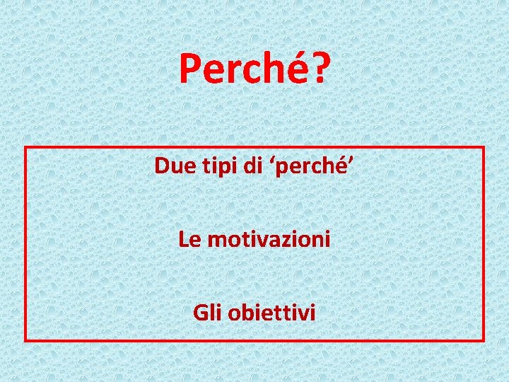 Perché? Due tipi di ‘perché’ Le motivazioni Gli obiettivi 