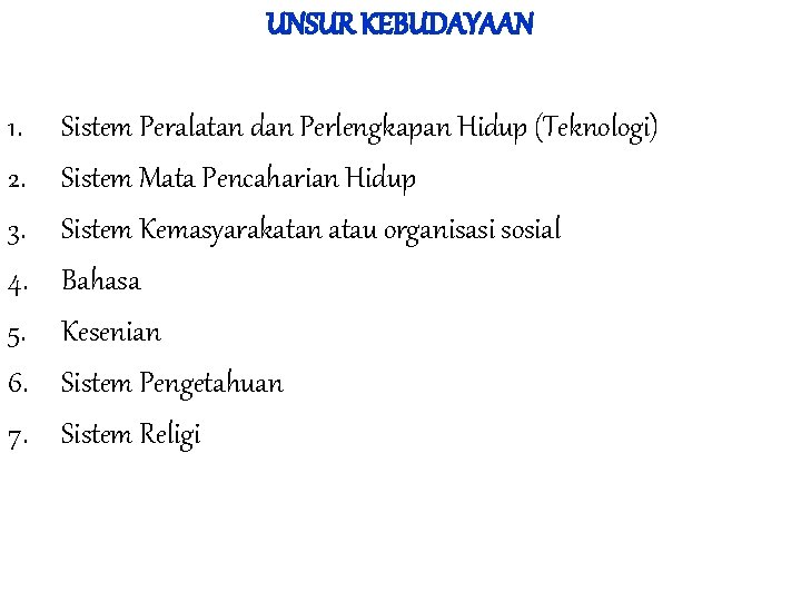 UNSUR KEBUDAYAAN 1. 2. 3. 4. 5. 6. 7. Sistem Peralatan dan Perlengkapan Hidup