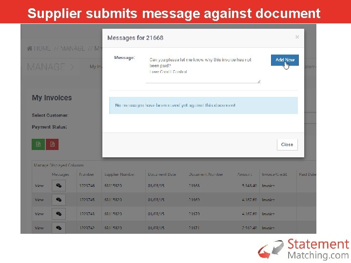 Supplier submits message against document 