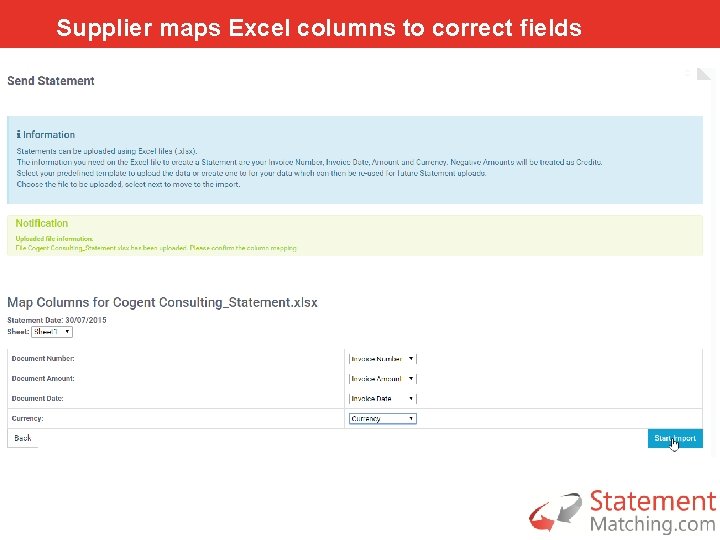 Supplier maps Excel columns to correct fields 