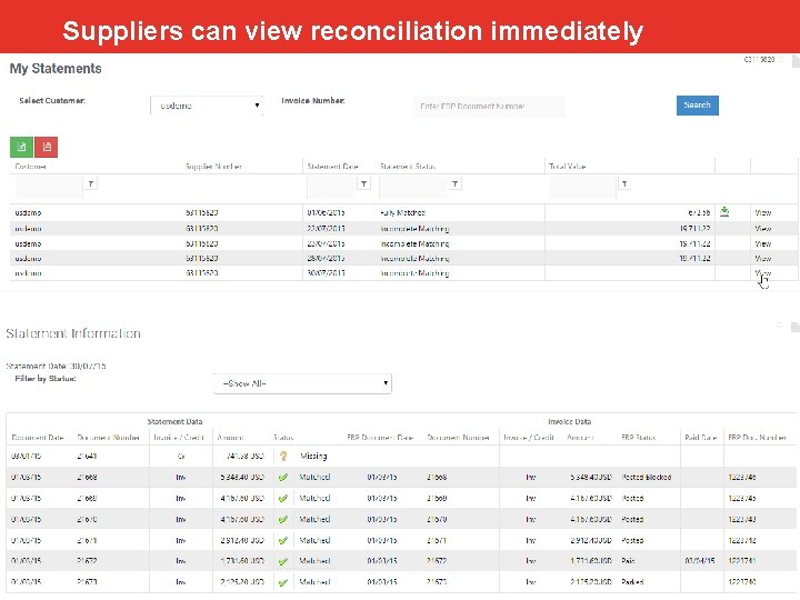 Suppliers can view reconciliation immediately 