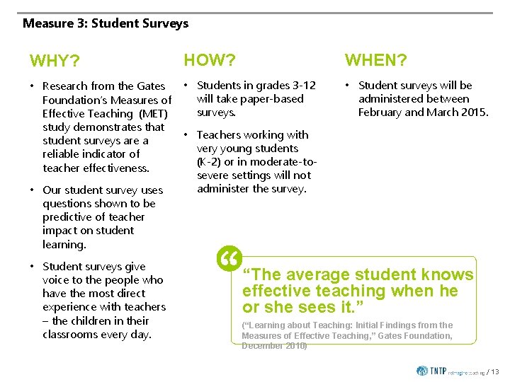 Measure 3: Student Surveys WHY? HOW? WHEN? • Research from the Gates Foundation’s Measures