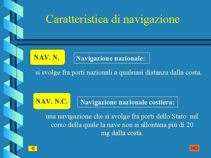 Caratteristica di navigazione NAV. N. . Navigazione nazionale: si svolge fra porti nazionali a
