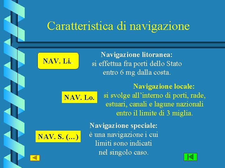 Caratteristica di navigazione NAV. Li. . Navigazione litoranea: si effettua fra porti dello Stato