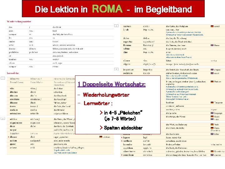 Die Lektion in ROMA – im Begleitband 1 Doppelseite Wortschatz: - Wiederholungwörter - Lernwörter