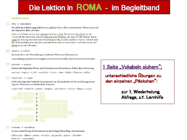 Die Lektion in ROMA – im Begleitband 1 Seite „Vokabeln sichern“: unterschiedliche Übungen zu