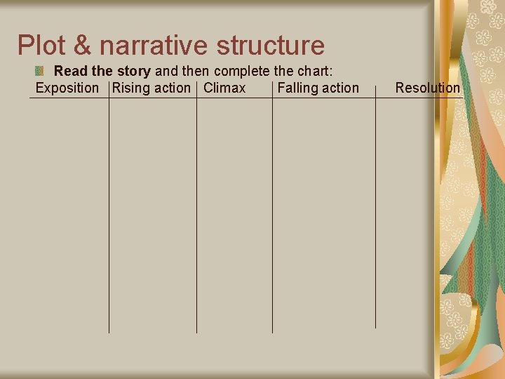 Plot & narrative structure Read the story and then complete the chart: Exposition Rising Plot & narrative structure Read the story and then complete the chart: Exposition Rising