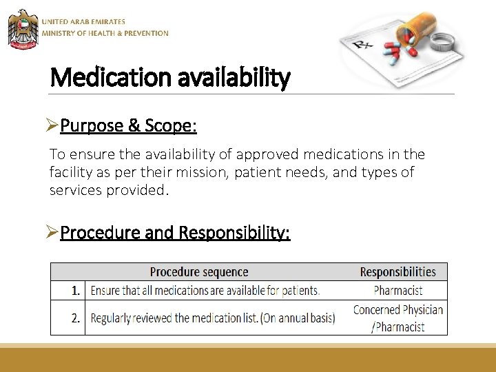 Medication availability ØPurpose & Scope: To ensure the availability of approved medications in the