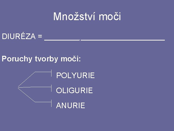 Množství moči DIURÉZA = ______________ tvorba a vylučování moči 24 hodin Poruchy tvorby moči: