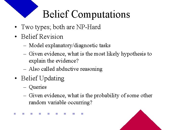 Belief Computations • Two types; both are NP-Hard • Belief Revision – Model explanatory/diagnostic