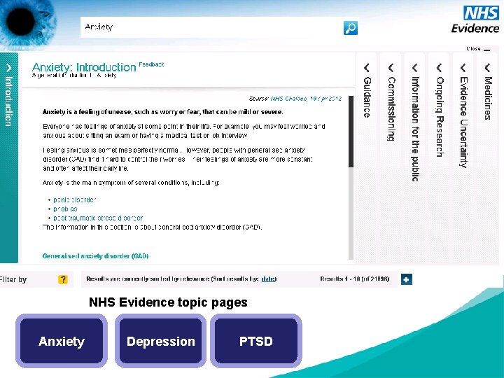 NHS Evidence topic pages Anxiety Depression PTSD 