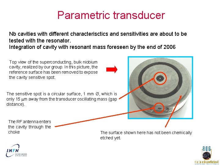 Parametric transducer Nb cavities with different characterisctics and sensitivities are about to be tested